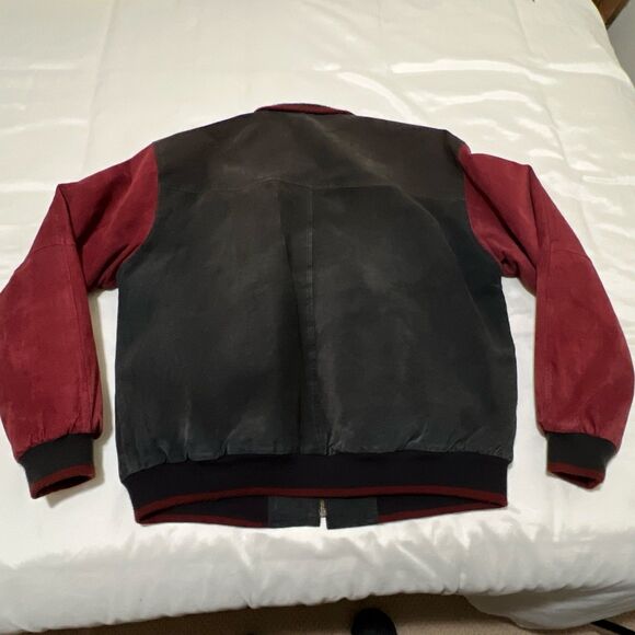 90s VTG SUEDE COLORBLOCK Jacket Bomber Varsity L Rust Red Brown Black - Picture 9 of 13